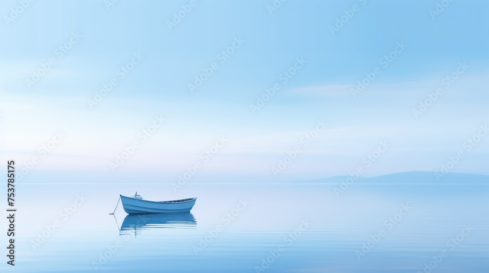 a small boat floating in the middle of a large body of water with a sky and mountains in the background. a small boat floating in the middle of a large body of water with a sky and mountains in the background.