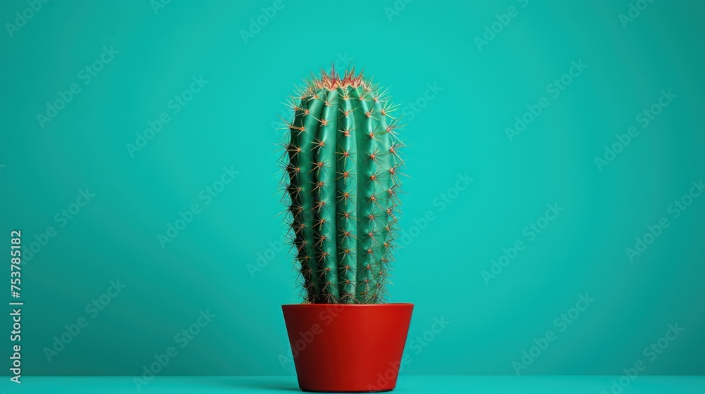 a green cactus in a red pot on a blue background with a green wall in the background and a blue wall in the background. - obrazy, fototapety, plakaty 