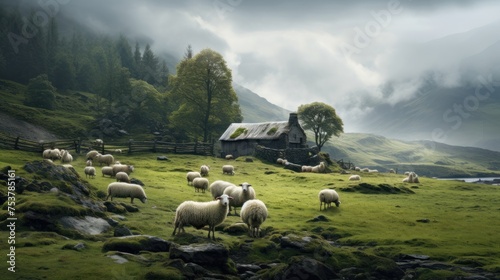 a herd of sheep grazing on top of a lush green hillside next to a small house on a hill side.