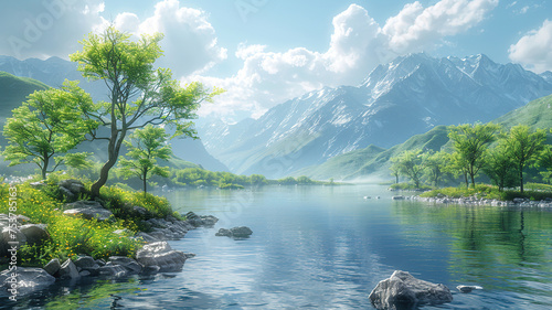Serene lake with clear waters, surrounded by lush greenery photo