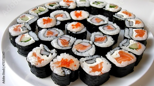A plate of sushi rolls arranged in an elegant pattern