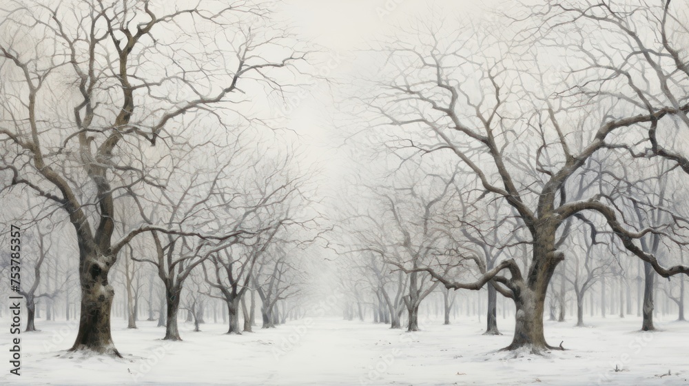 a painting of a snow covered park with trees in the foreground and a bench in the middle of the park. a painting of a snow covered park with trees in the foreground and a bench in the middle of the park.