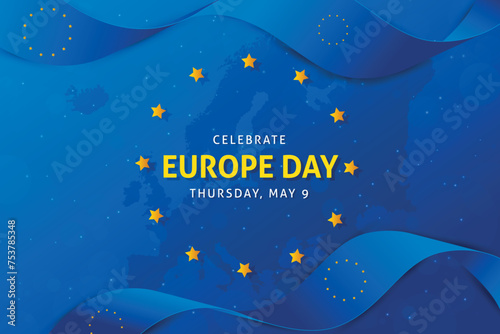 Europe Day 9th May. Wavy ribbon flag on blue background. Happy Europe independence day banner