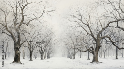 a painting of a snow covered park with trees in the foreground and a bench in the middle of the park.