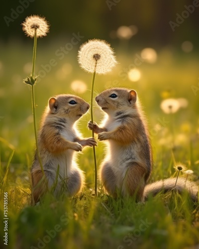 a couple of small animals standing next to each other on top of a grass covered field next to a dandelion.