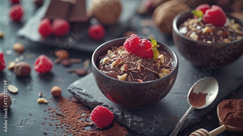 a bowl of chocolate pudding with raspberries and nuts on a slate board with spoons and spoons. photo