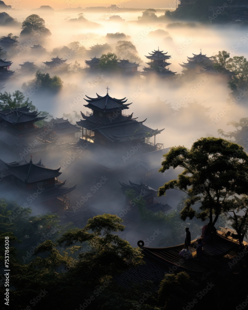 a foggy landscape with pagodas in the foreground and trees in the foreground in the foreground.