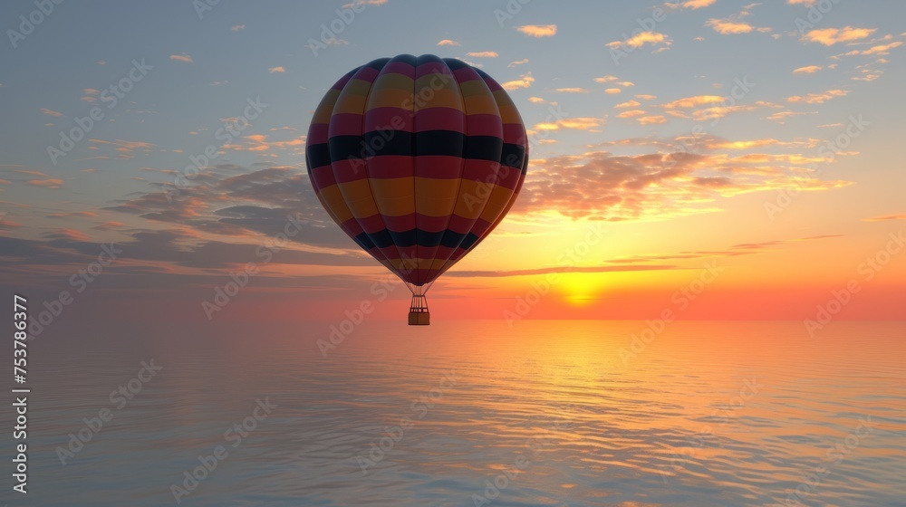Obraz premium a hot air balloon flying over a large body of water during a sunset or sunrise with clouds in the sky.