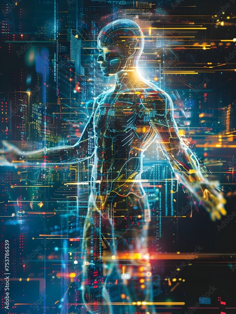 Ethereal Man in a Futuristic City of Light, To convey the concept of the integration of technology and the human body in a futuristic and innovative