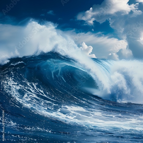 Dramaatic Ocean Wave with Blue Sky and Clouds, To convey a sense of awe and power of nature through the image of a dramatic ocean wave