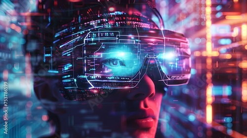Futuristic Woman in VR Goggles, To showcase the latest in virtual reality technology in a futuristic setting for advertising or promotional materials