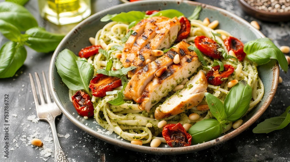 Pesto Pasta with Sun-Dried Tomatoes, Pine Nuts, and Grilled Chicken. Food Illustration
Pesto Pasta with Sun-Dried Tomatoes, Pine Nuts, and Grilled Chicken. Food Illustration