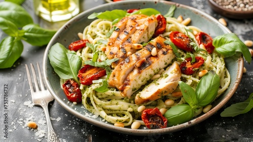 Pesto Pasta with Sun-Dried Tomatoes, Pine Nuts, and Grilled Chicken.  Food Illustration
