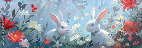 Playful White Rabbits Among Flowers in a Spatial Concept Art, To provide a visually appealing and charming representation of white rabbits in a field photo