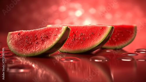 a group of slices of watermelon sitting on top of a shiny surface with drops of water on it. photo
