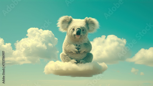a koala bear sitting on top of a cloud with a baby koala in it's lap looking at the camera. photo