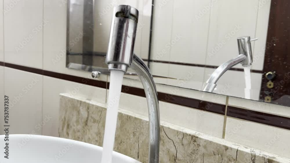 Torneira aberta e agua caindo na pia.