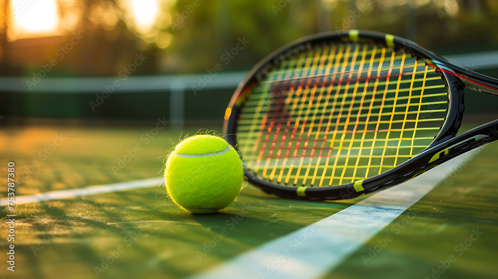 image of detail of tennis racket and ball on tennis court
