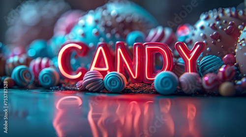 Colorful candies and Candy with neon text.