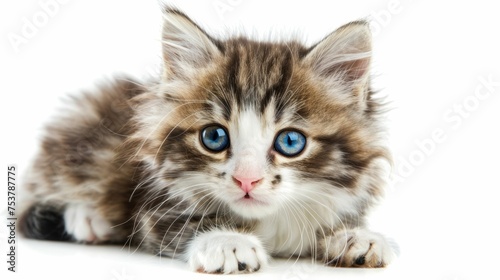 Adorable Fluffy Tabby Kitten with Mesmerizing Blue Eyes on White