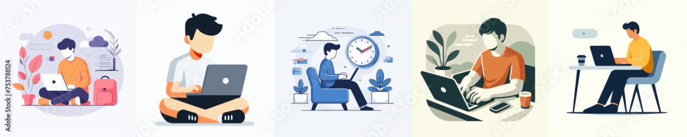 Vector set of someone playing on a laptop with a flat design style