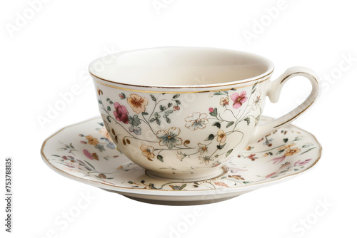 Floral patterned porcelain tea cup and saucer isolated on transparent background