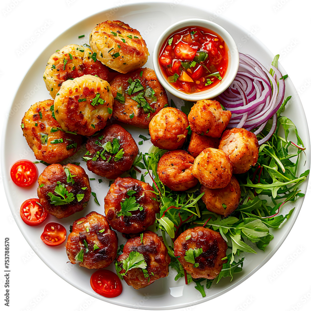 Delicious Platter: Kofta, Nuggets, Chicken Cutlets & Salad created with Generative AI technology Delicious Platter: Kofta, Nuggets, Chicken Cutlets & Salad created with Generative AI technology