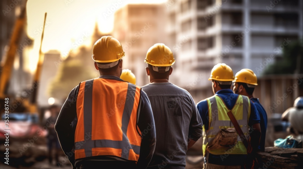 Building Together: Diverse Team, Construction Crew Smiles Building together, Safety of the Environment wearing helmets Building Together: Diverse Team, Construction Crew Smiles Building together, Safety of the Environment wearing helmets