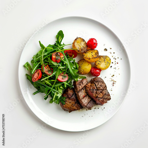 Gourmet steak meal presentation on elegant white plate, captured from above at 45-degree angle created with Generative AI technology