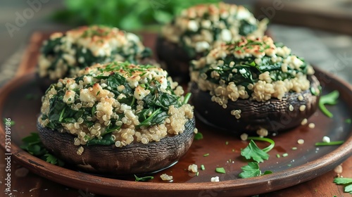 Spinach and Feta Stuffed Portobello Mushrooms with Quinoa Pilaf. Food Illustration