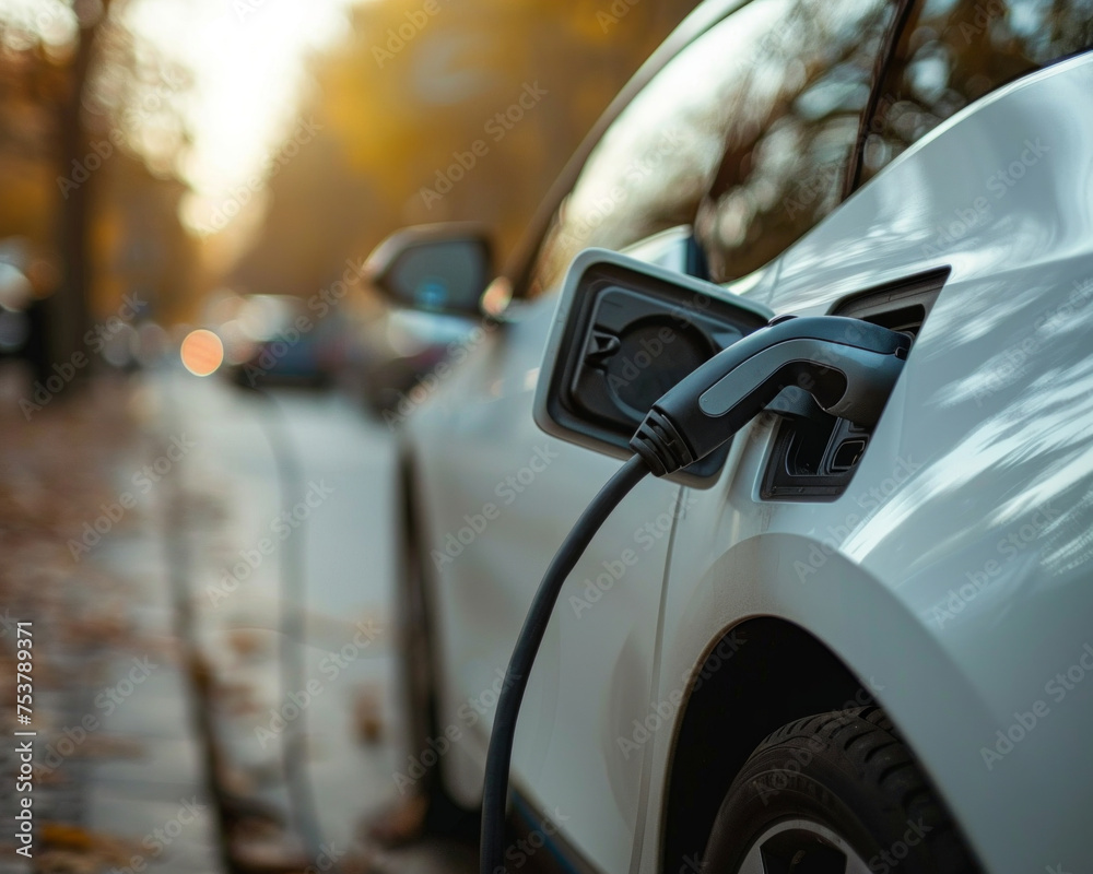 An electric vehicle charging at a station outdoors. An electric vehicle charging at a station outdoors.
