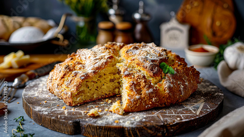 Macro shot of Irish soda bread with ingredients and utensils in background, shot with 50mm f/1.10 lens. Food photography style created with Generative AI technology.
