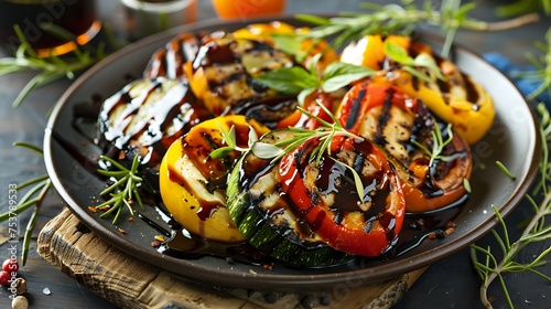 A plate of grilled vegetables drizzled with balsamic glaze
