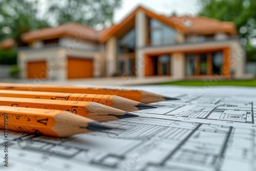 A sharp close-up of pencils lying on an architectural blueprint with defocused house in the background shows detailed planning photo