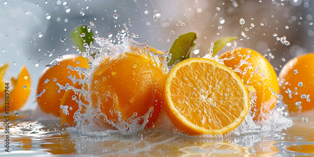Vibrant Citrus Splash: Stunning Orange Fruits and Juice on White Background created with Generative AI technology Vibrant Citrus Splash: Stunning Orange Fruits and Juice on White Background created with Generative AI technology
