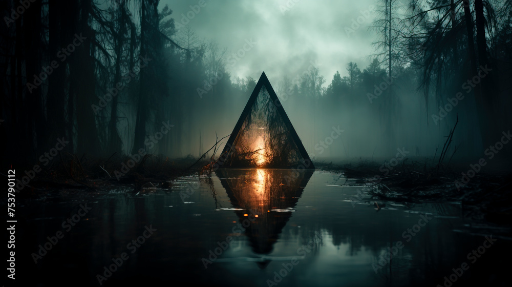 Fototapeta premium Eerie Shadows in the Mist: A Spooky Swamp Scene, created with Generative AI technology