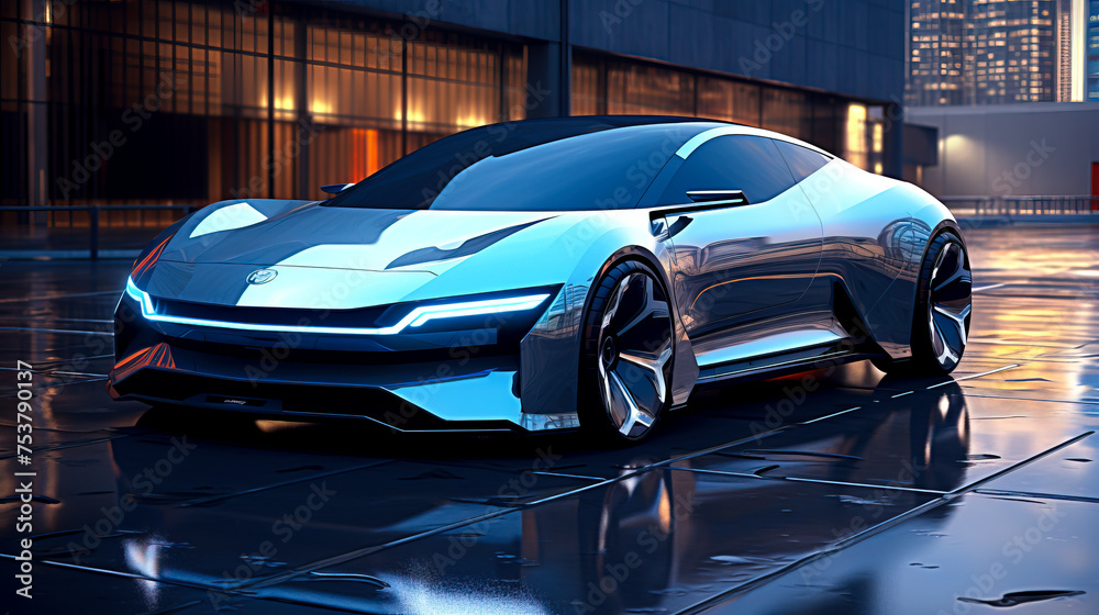 Blue Light Dreams: A Futuristic Electric Car Journey in Photo Realism created with Generative AI technology