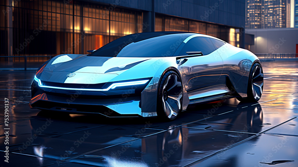 Naklejka premium Blue Light Dreams: A Futuristic Electric Car Journey in Photo Realism created with Generative AI technology