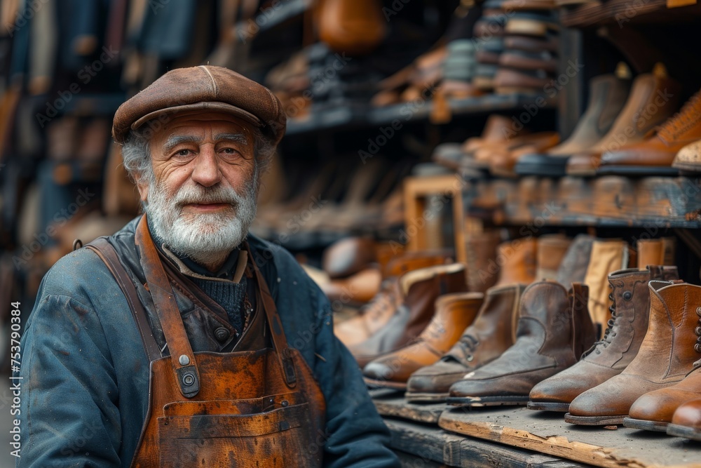 A friendly elderly shoemaker with a warm smile stands in his workshop filled with leather shoes A friendly elderly shoemaker with a warm smile stands in his workshop filled with leather shoes