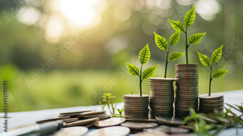 Stacks of coins with young plants sprouting on top, symbolizing financial growth, investment, and sustainable finance against a sunlit backdrop. 