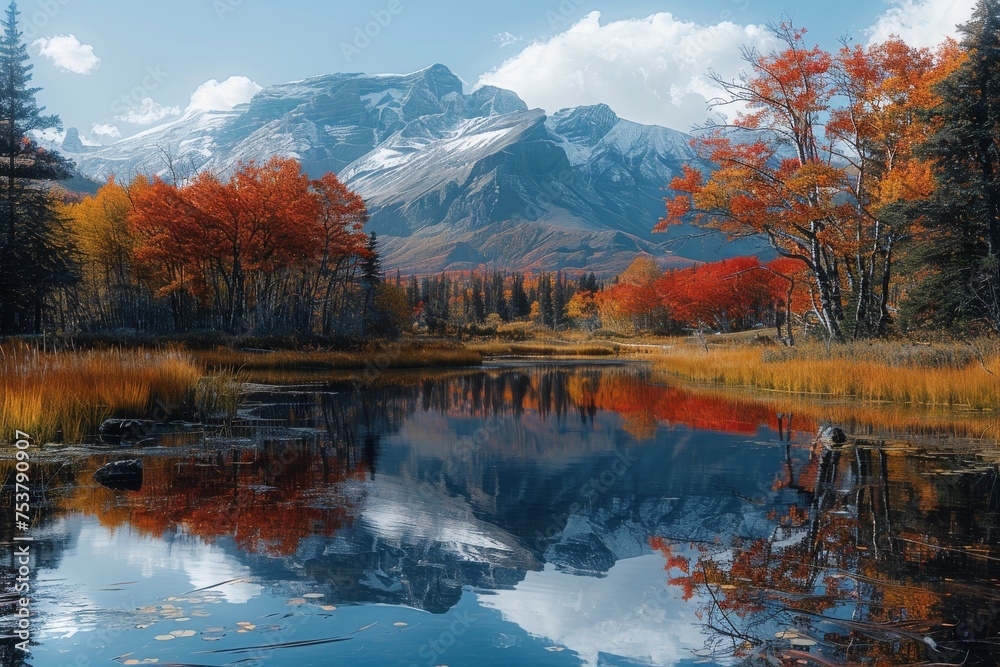 Obraz premium A stunning landscape of mountains reflected in the clear waters of a lake lined with colorful autumn trees