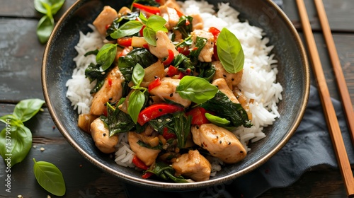 Thai Basil Chicken Stir-Fry with Jasmine Rice. Food Illustration
