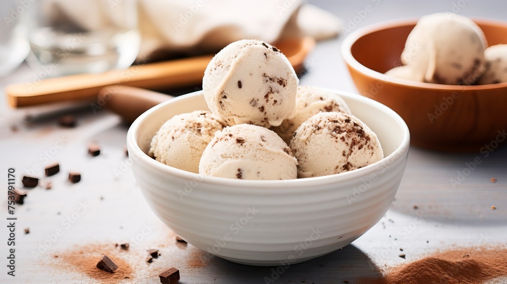 Vegan ice cream balls in bowl on the table. Food Illustration
Vegan ice cream balls in bowl on the table. Food Illustration