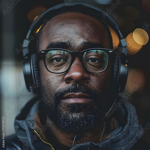 Portrait of an adult black man wearing glasses and headphones. Looking at the camera