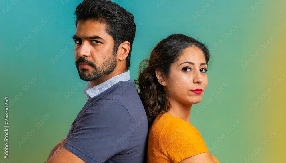 Obraz premium Angry couple turning their back on each other. Young couple in a quarrel. Isolated on bright colors.