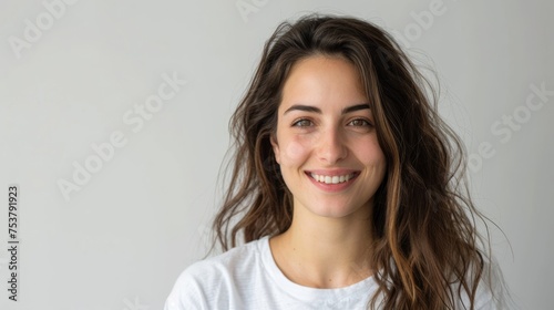 Smiling brunette woman in white t-shirt on white background.