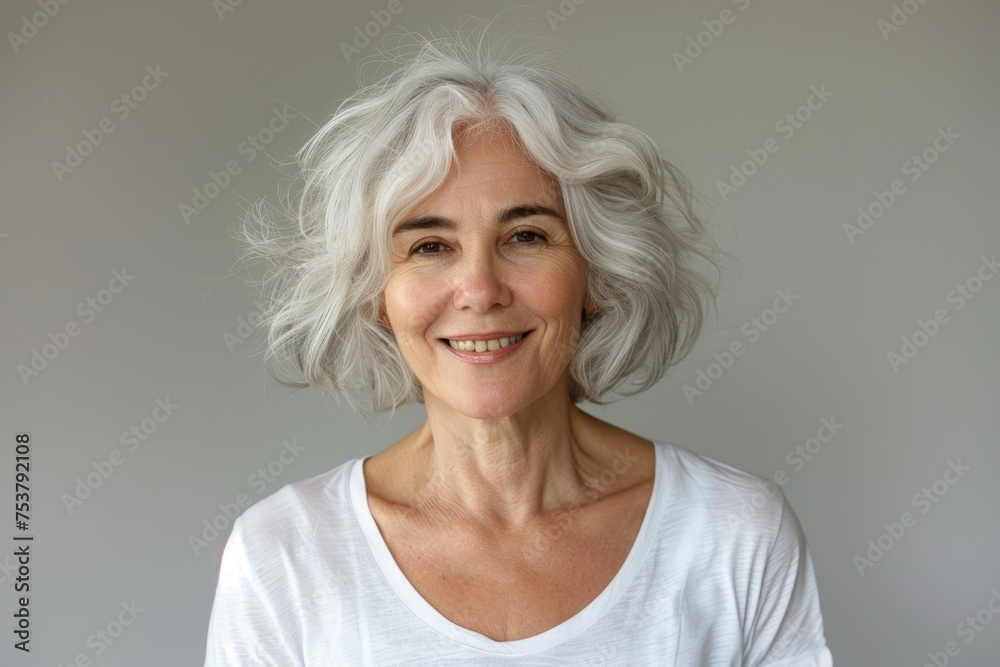 Smiling white-haired woman in a white t-shirt on a white background. Smiling white-haired woman in a white t-shirt on a white background.