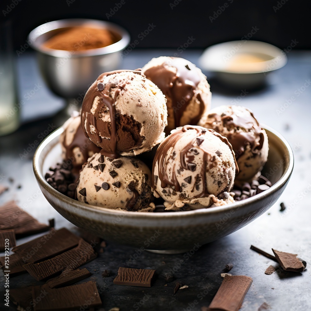 Vegan ice cream balls in bowl on the table. Food Illustration
Vegan ice cream balls in bowl on the table. Food Illustration