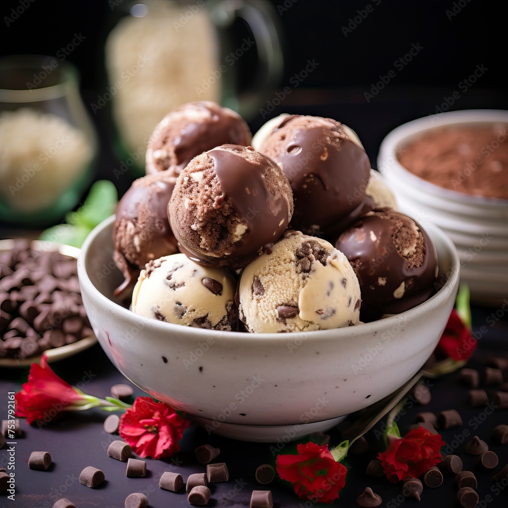 Vegan ice cream balls in bowl on the table. Food Illustration
Vegan ice cream balls in bowl on the table. Food Illustration