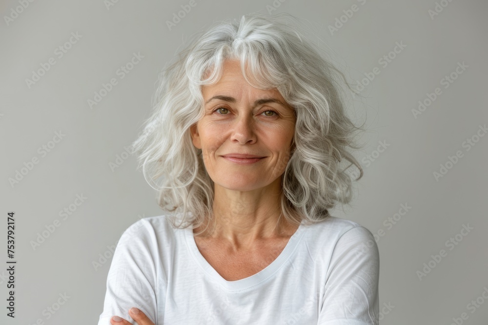 Smiling white-haired woman in a white t-shirt on a white background. Smiling white-haired woman in a white t-shirt on a white background.